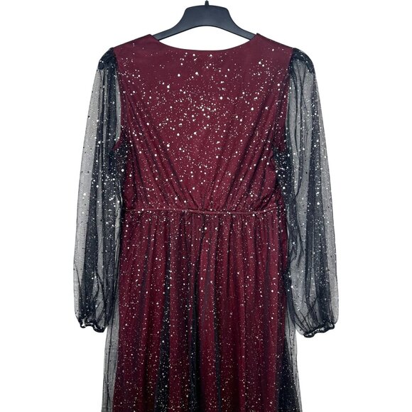 JJs House Burgundy A-Line Dress XL Womens Sparkly Party Gown With Sheer Sleeves - Picture 14 of 16